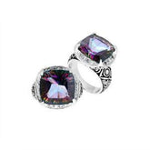 Handmade sterling silver Balinese ring with cushion-cut Mystic Quartz showing Multicolor brilliance.